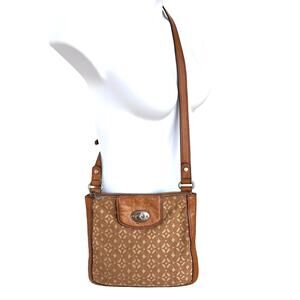 Fossil Vintage Cloth and Leather Crossbody Purse Bag w Neutral Geometric Pattern